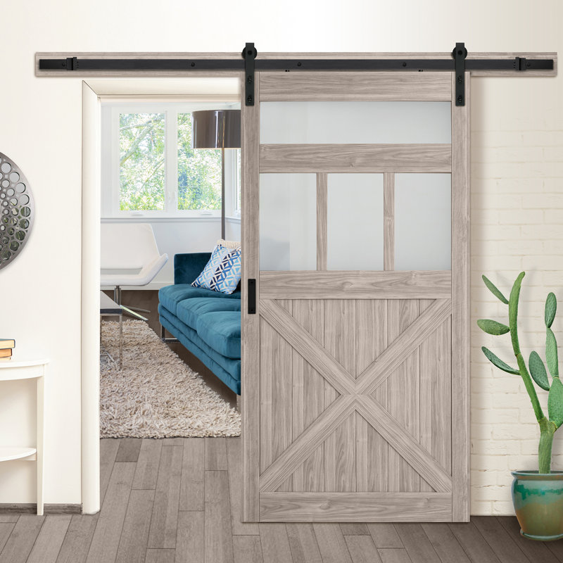 Erias Home Designs Paneled Manufactured Wood and Glass Barn Door with